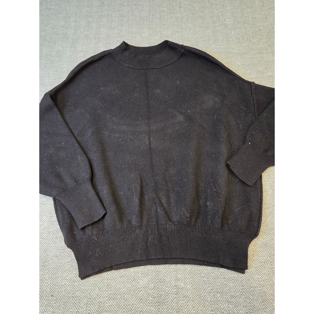Zesica Sweater Women L Black Tight Knit Oversized Side Slit Long Sleeve Crewneck